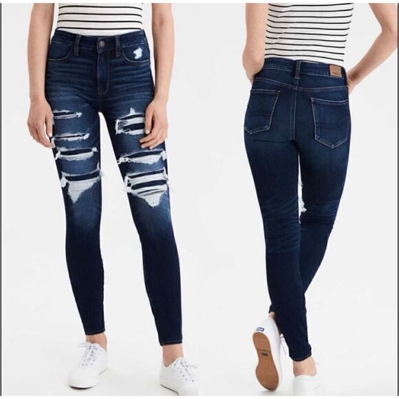 American Eagle Next Level Stretch Jeans Hi-Rise Jegging Dark Destroyed, 0 Short - Picture 1 of 11
